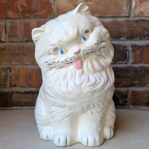 Large White Persian Ceramic Cat Pink Tongue Blue Eyes Vtg 1970s MCM Maximalist